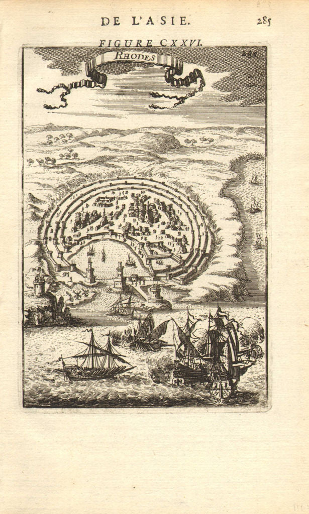 DODECANESE. The Citadel of Rhodes. Ships. Greece. Aegean. MALLET 1683 print